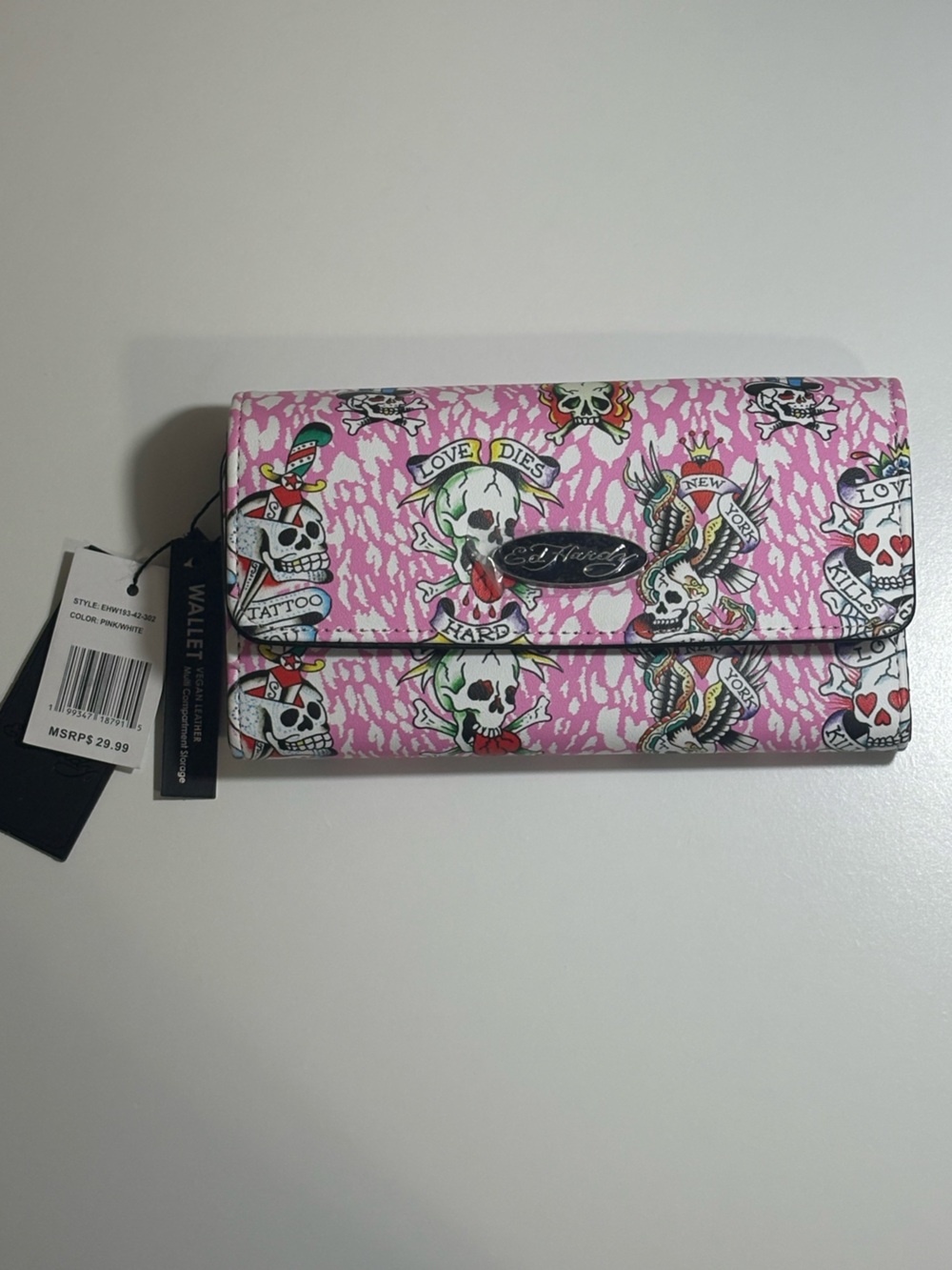 Ed Hardy Pink Skull & Tattoo-Print Vegan Wallet